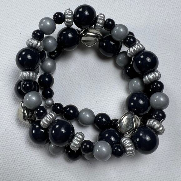 Handmade Beaded Bracelet Trio Matte Silver Gray Slate Blue - Picture 2 of 5